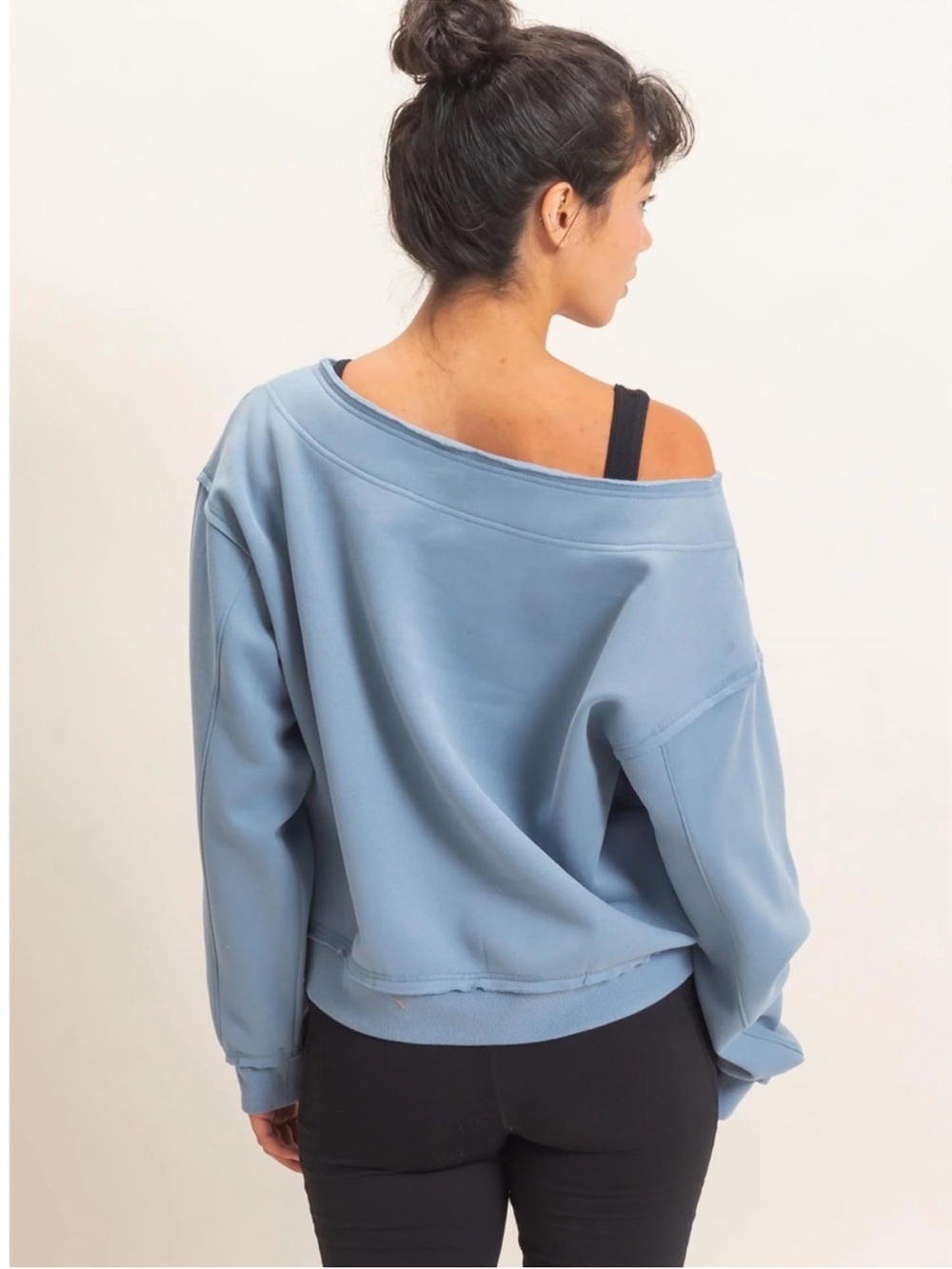 NEW Double Zero Dusty Blue Raw Edge Off Shoulder Sweatshirt – Large - Picture 5 of 6